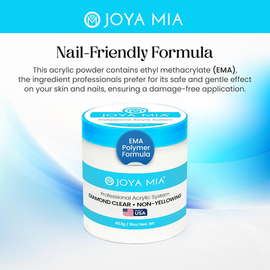Joya Mia Acrylic Powder for Nails, MMA-Free, Super Adhesion Professional Powder for Flawless & Long-Lasting Nail Enhancements, Easy Application, Vibrant & Stunning Colors - Diamond Clear, 16 oz