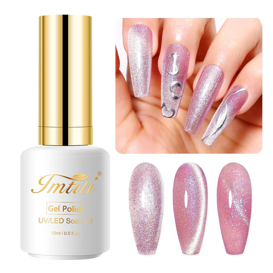 Imtiti Aurora Pink Cat Eye Gel Nail Polish, 15ml Galaxy Pink Holographic Glitter Cat Eyes Magnetic UV Soak Off Gel Nail Polish with Magnet Set