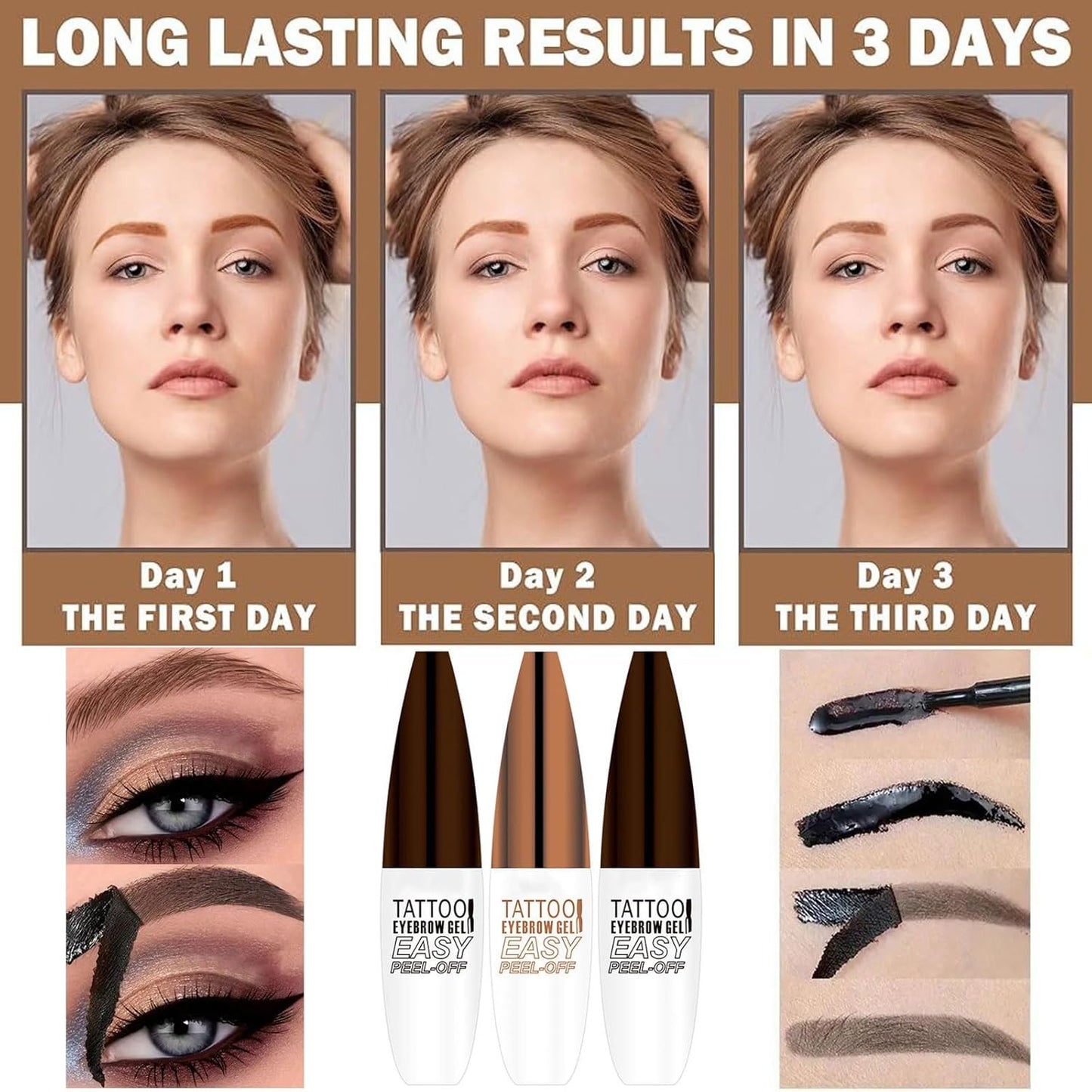 Tattoo Peel Off Eyebrow Gel Tint, Long Lasting Brow Tint, Transfer Proof and Waterproof Tint Peel Off Brow Gel, Last Up to 3 Days, For Fuller & Defined Brows Makeup, Gray Brown