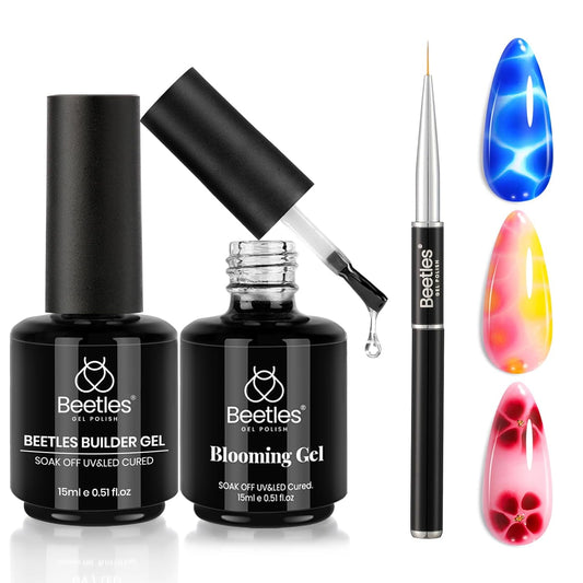 Beetles Builder Gel for Nail and Blooming Gel Set, 2 Pcs 15ml Nail Art Polish for Spreading Effect Marble Stone Builder Extension, Soak Off LED Lamp DIY Manicure Fall Nails Gifts for Women