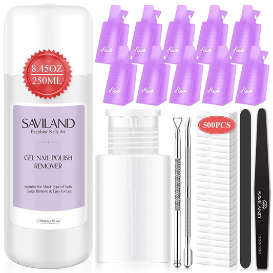 SAVILAND Nail Polish Remover Kit: 250 ML Nail Polish Remover with Nails Clips, Nail Tools, Cuticle Pusher, 500 PCS Cotton Pad Gel Removers Manicure Kit for Salon Home DIY
