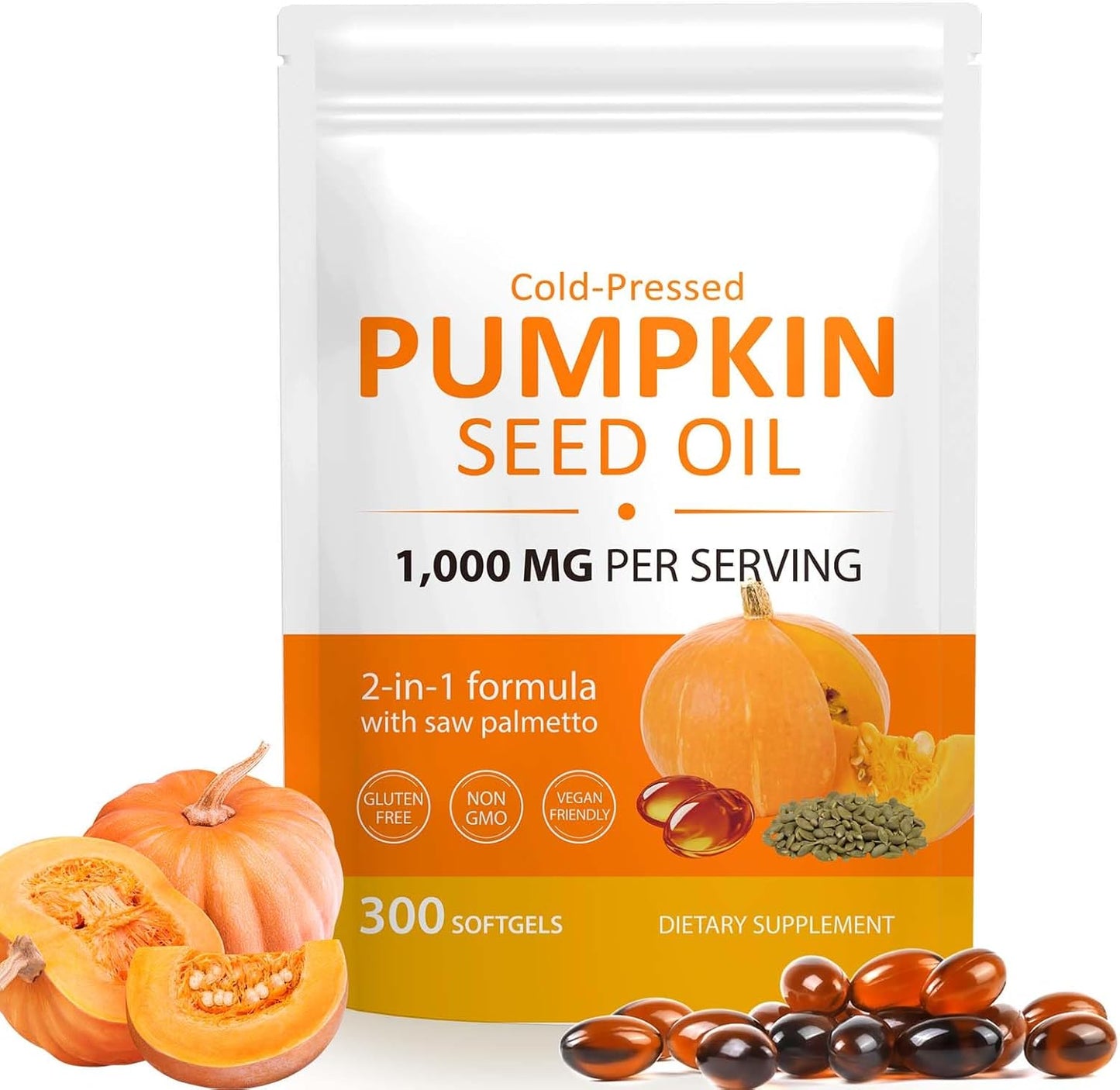 300PCS Pumpkin Seed Oil Capsules,2 in 1 Pumpkin Seed Oil with Saw Palmetto for Hair Growth, Skin Supplement, Support Prostate,Cold Pressed, Heart, | Non-GMO | Gluten Free