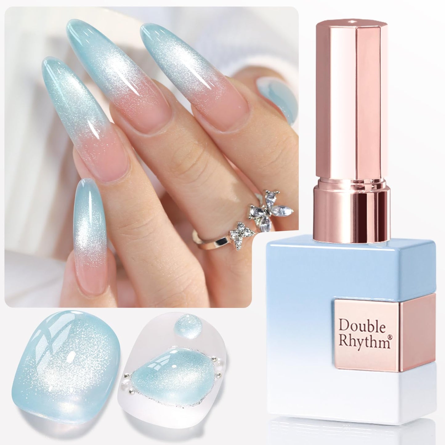 Double Rhythm 0.5 Oz Cat Eye Gel Polish with Magnet Same Color Same Bottle Holographic Glitter Shimmer Translucent Color Salon 15 ML Magnetic Nail Art (Light Blue-MC1156)