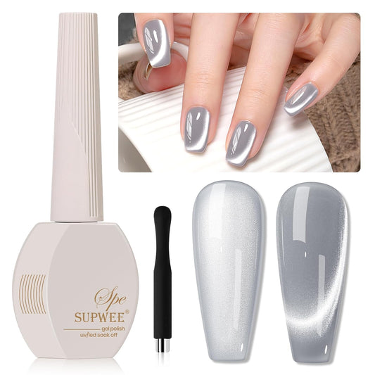 Silver Cat Eye Gel Nail Polish, Glitter Holographic Gel Polish with Magnet Moonlight Jelly Glass Magnetic Effect Soak Off U V Salon DIY at Home, 0.5 OZ
