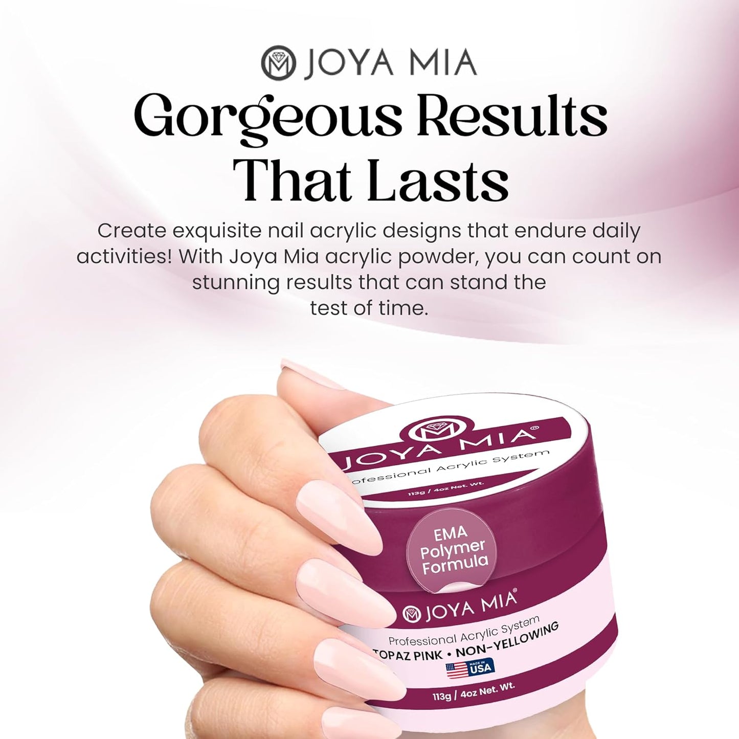 Joya Mia Acrylic Powder for Nails, MMA-Free, Super Adhesion Professional Powder for Flawless & Long-Lasting Nail Enhancements, Easy Application, Vibrant & Stunning Colors - Topaz Pink, 4 oz