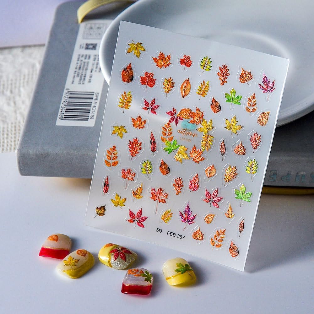 Fall Nails Stickers Maple Leaves Nails Sticker 5D Embossed Autumn Leaf Self Adhesive Sticker Nail Decals Orange Red Yellow Thanksgiving Nail Art Decal Halloween Decals for Nail DIY Manicure 1Sheet