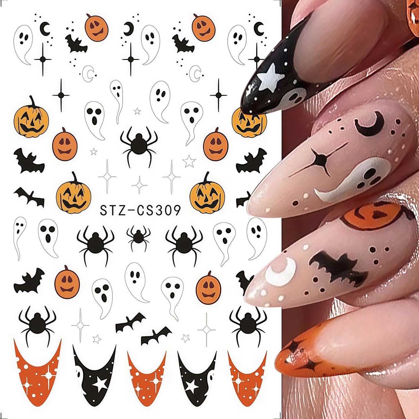 6 Sheets Ghost Nail Stickers for Nail Art, Halloween Nail Decals 3D Self-Adhesive Flower and Spooky Ghost Fall Stickers Design French Tip Nails Sticker Halloween DIY Manicure Decoration for Women