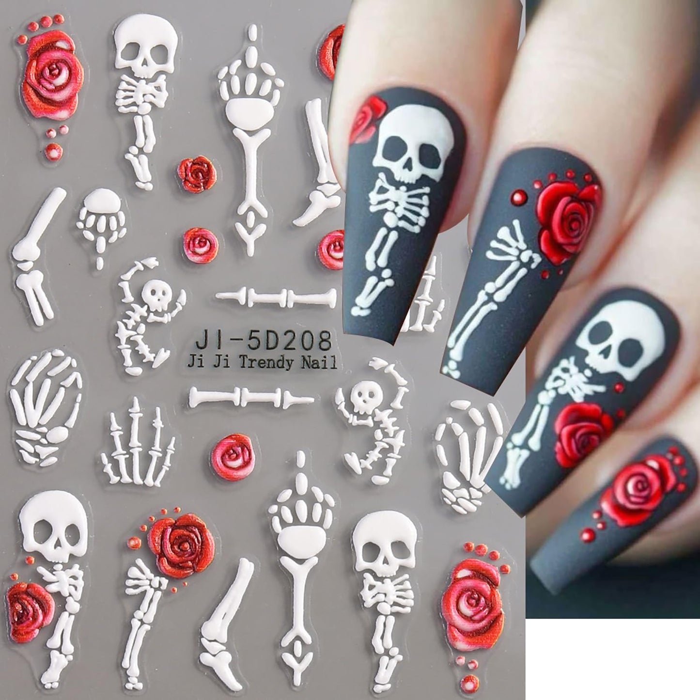 Spooky Nail Stickers Halloween Nail Decals Skull Rose Skeleton Hand Design 5D Embossed Holiday Nails Slider Manicure Accessories Supply Halloween Stickers for Women DIY Nail Decorations Nail Art 2PCS