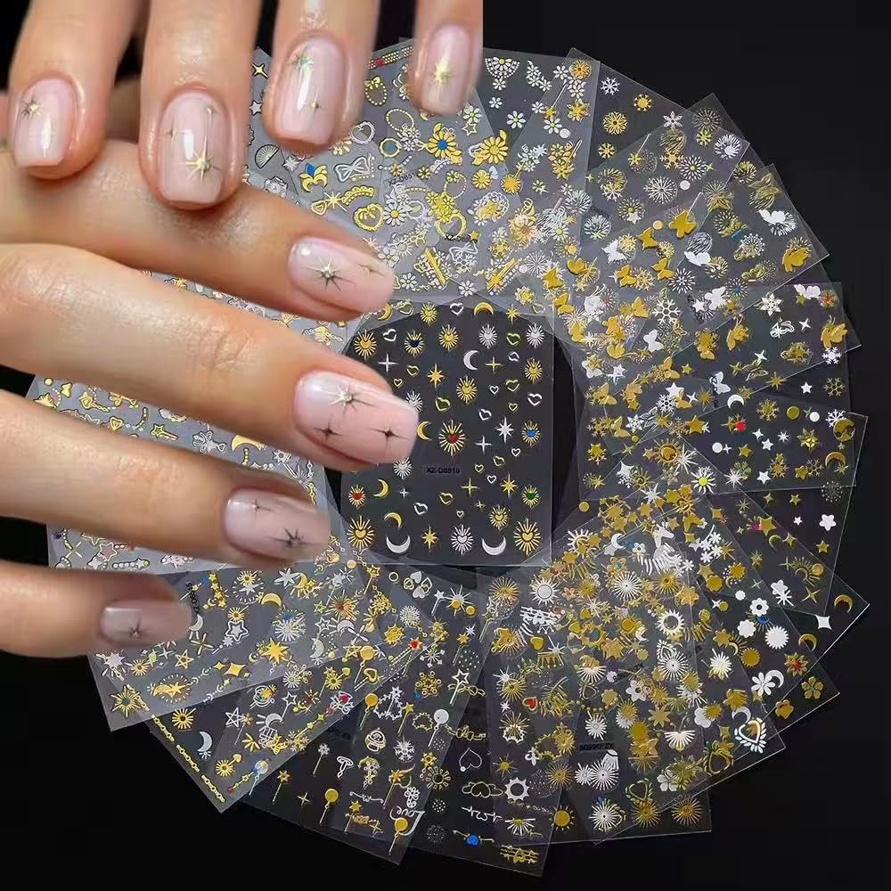 20 Sheets Gold Nail Stickers Star Moon Nail Art Stickers 3D Embossed Self Adhesive Nail Decals Flower Butterfly Heart Nails Design Nail Art Decals for Women Manicure DIY Decoration