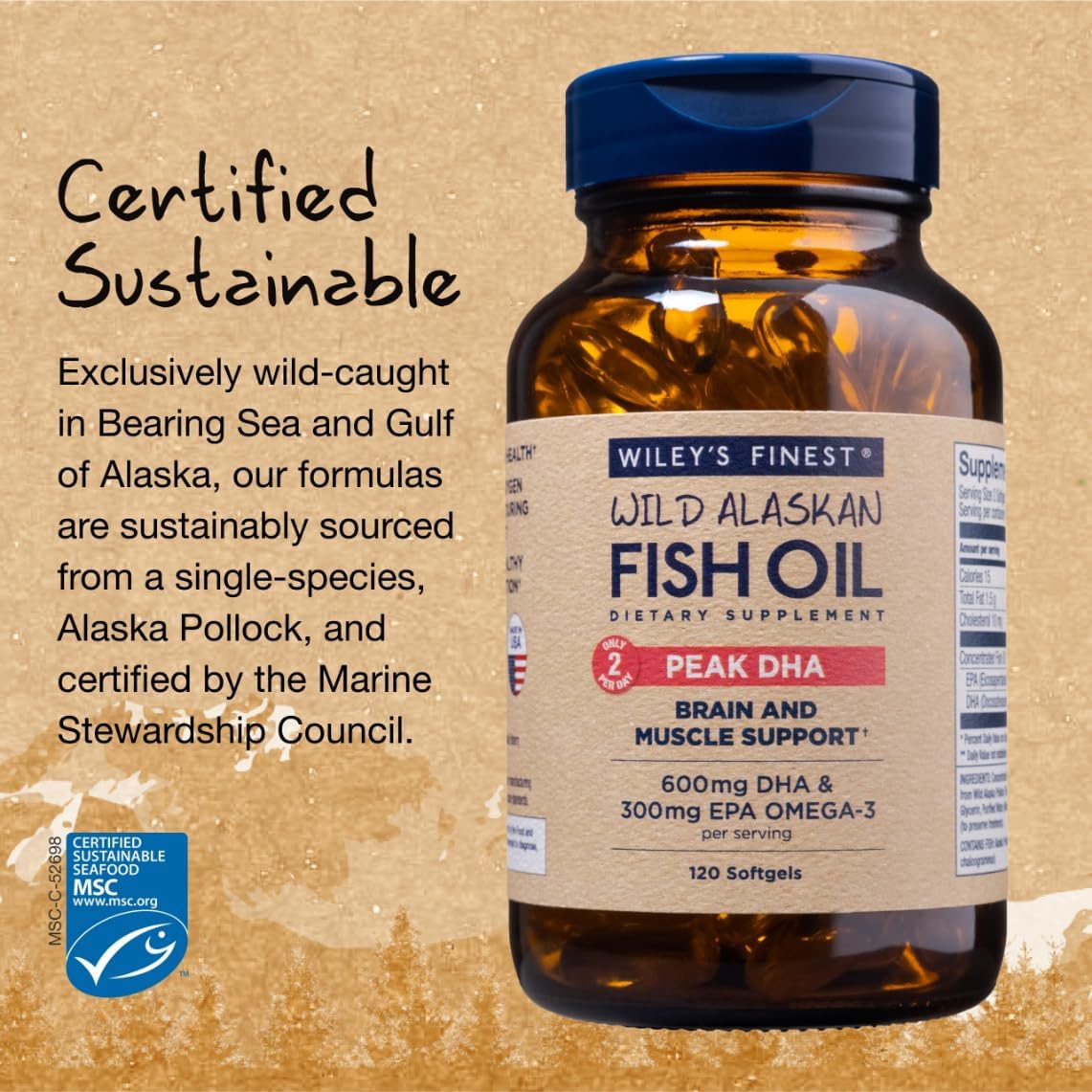 Wiley's Finest Wild Alaskan Fish Oil Peak DHA - 900mg EPA and DHA Omega-3s - 120 Softgels (60 Servings)