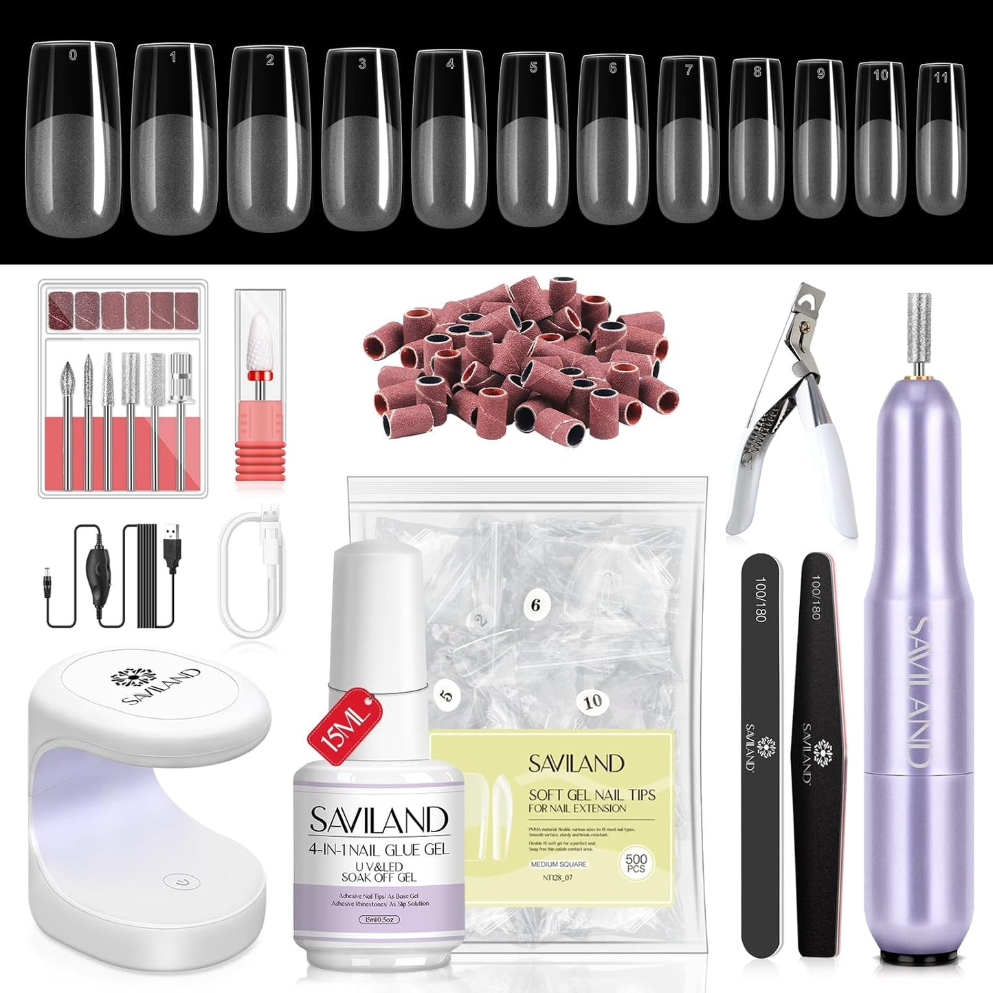 SAVILAND Gel Nail X Kit: 500 Pcs Square Nail Tips Gels Nail Kit with Drill, 0.5 Oz 4-in-1 U V Nail Glue with Lamp, Nail Kit At Home Art Designs & Salon Manicure Kit Gift For Women