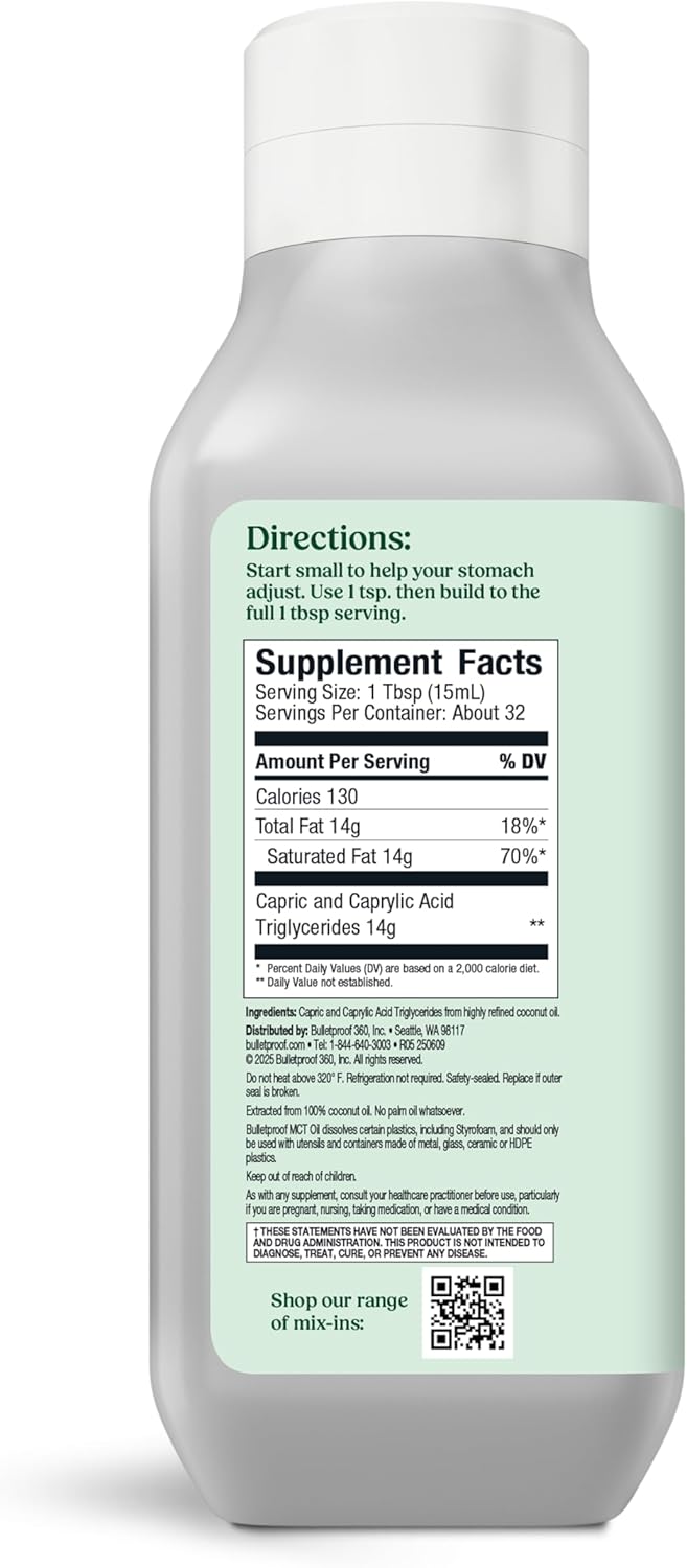 Bulletproof MCT Oil Made with C10 and C8 Oil, 16 Ounces, Keto Supplement for Sustained Energy, Brain and Body Fuel, Add to Coffee and Smoothies, Packaging May Vary