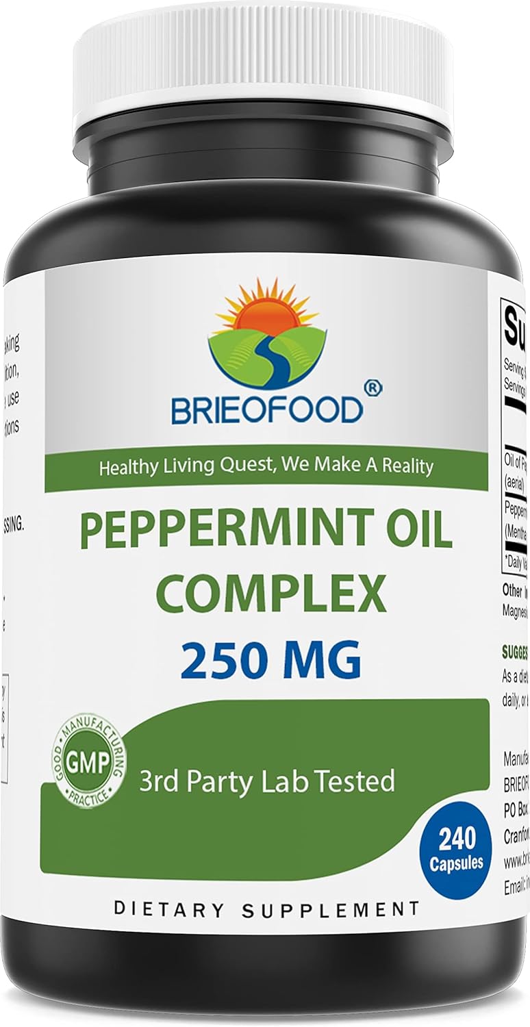 Brieofood Peppermint Oil Complex - 250 mg - 240 Capsules - Supports a Healthy Gut, Bowel Soothing - Gluten Free & Non-GMO