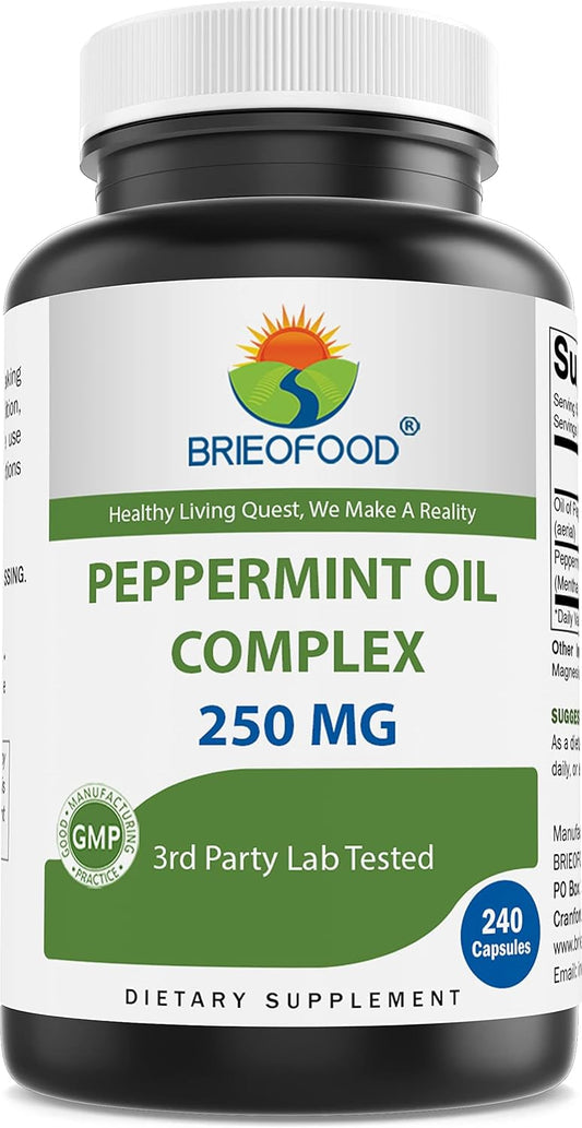 Brieofood Peppermint Oil Complex - 250 mg - 240 Capsules - Supports a Healthy Gut, Bowel Soothing - Gluten Free & Non-GMO