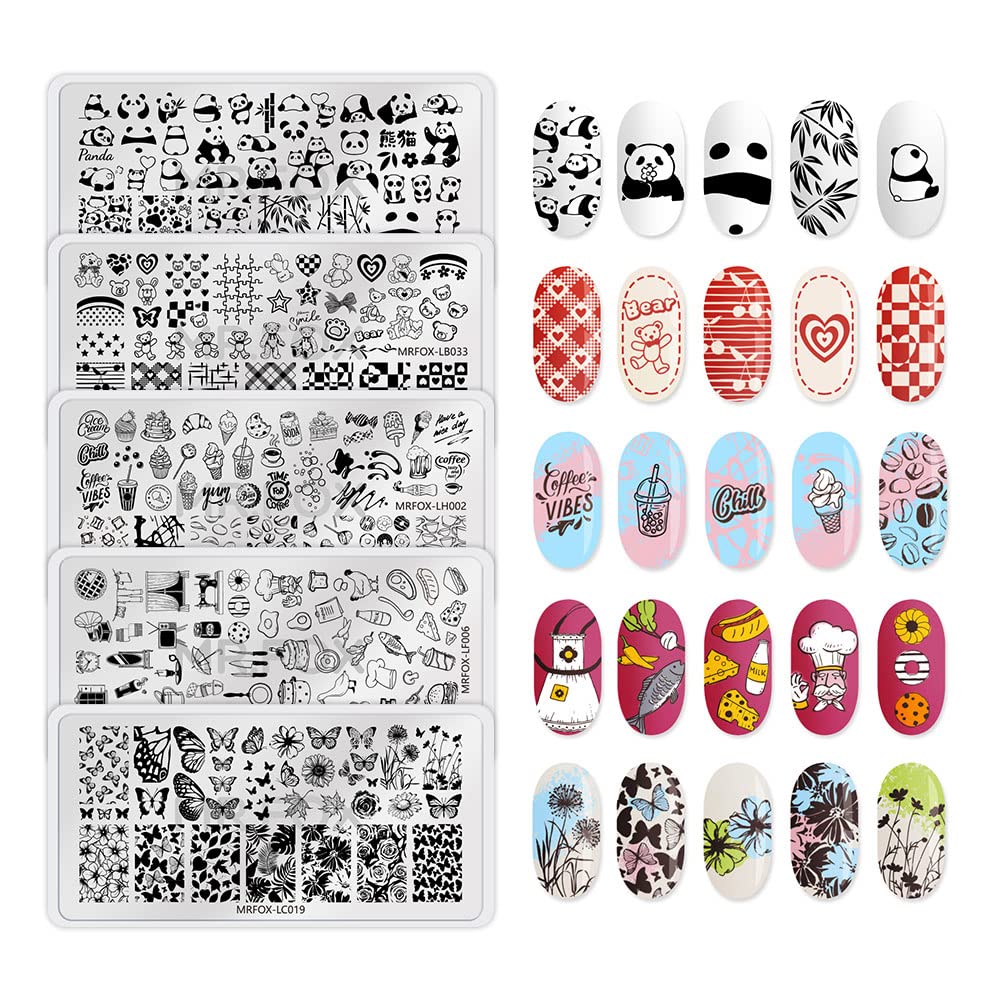 5PCS Nail Stamping Plates, Panda Teddy Bear Butterfly Coffee Pattern Stainless Steel Stencil, DIY Nail Art Template Tools