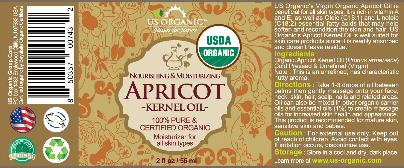 US Organic Apricot Kernel Oil, USDA Certified Organic,100% Pure & Natural, Cold Pressed Virgin, Unrefined in Amber Glass Bottle w/Glass Eyedropper for Easy Application (2 oz (Small))