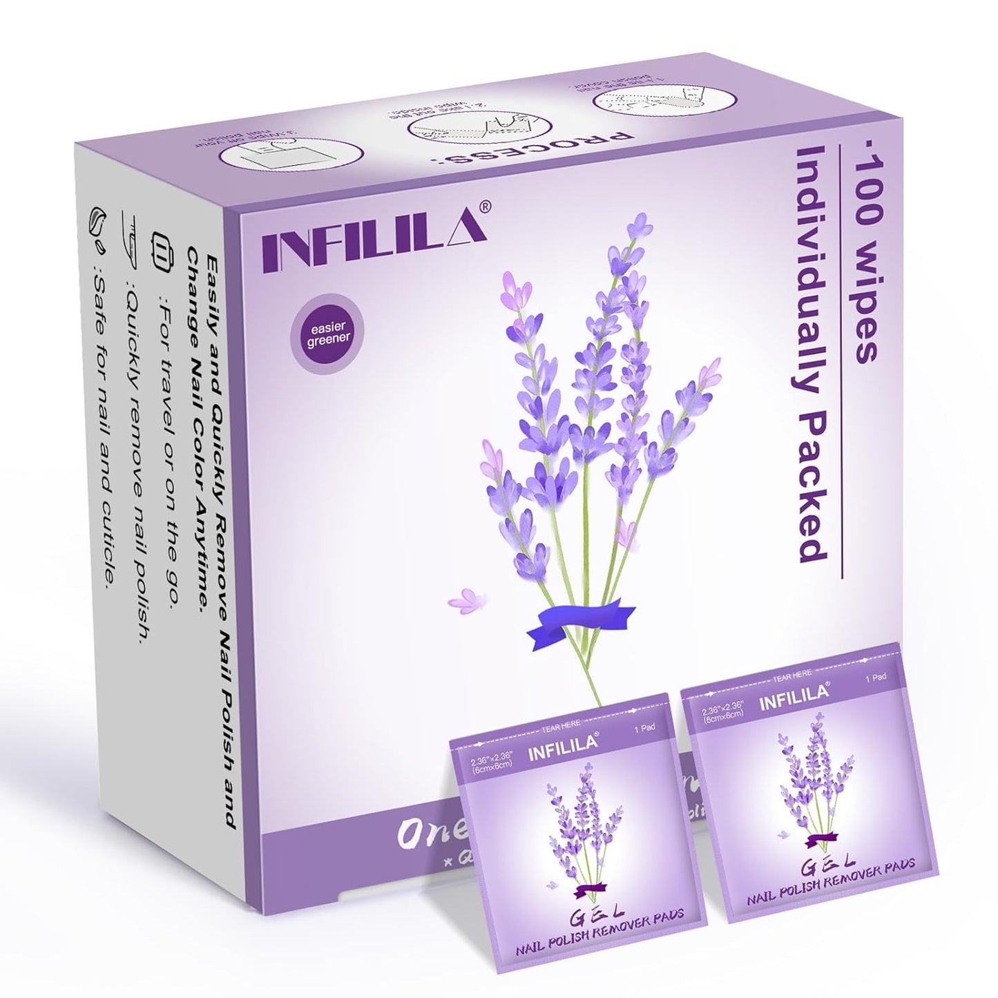 NXJ INFILILA Nail Polish Remover Pads, Nail Polish Remover Wipes, 100pcs Individually Wrapped Bulk Set Fingernail Travel Polish Remover for Nail Supplies(Lavender Fragrance)
