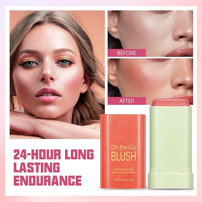 Buqikma Blush Stick Hydrated Solid 2PCS Blush Stick for Cheeks - Soft Cream Blush Stick Natural Matte Makeup Blush Stick Cream Blush Moisturizer Stick for Face,Lips and Eyes (Shy Pink+Orange)