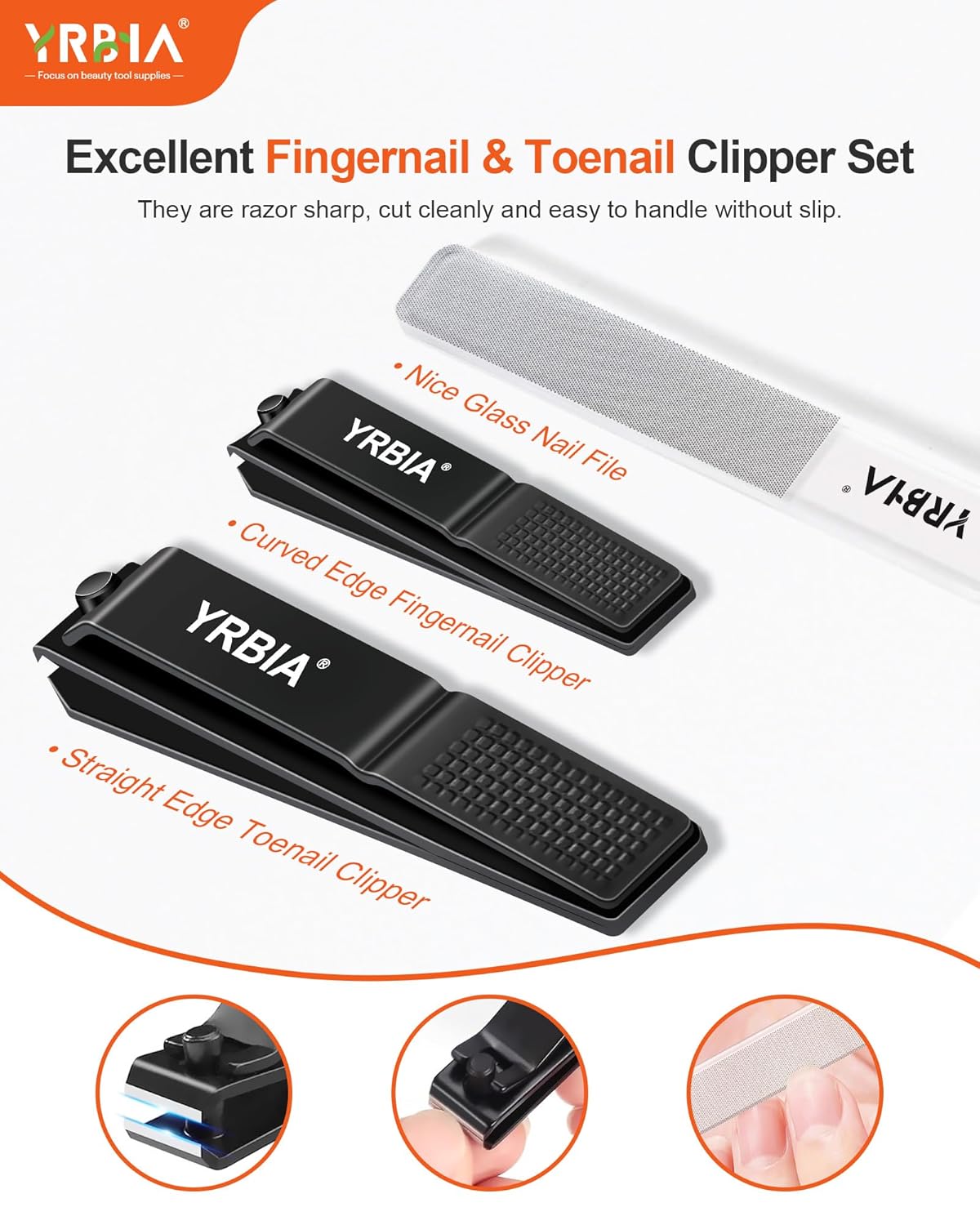 Nail Clippers with Glass Nail File, YRBIA Ultra Sharp Nail Clipper Set, Professional Fingernail & Toenail Clippers Nail Cutter for Men and Women (Black)