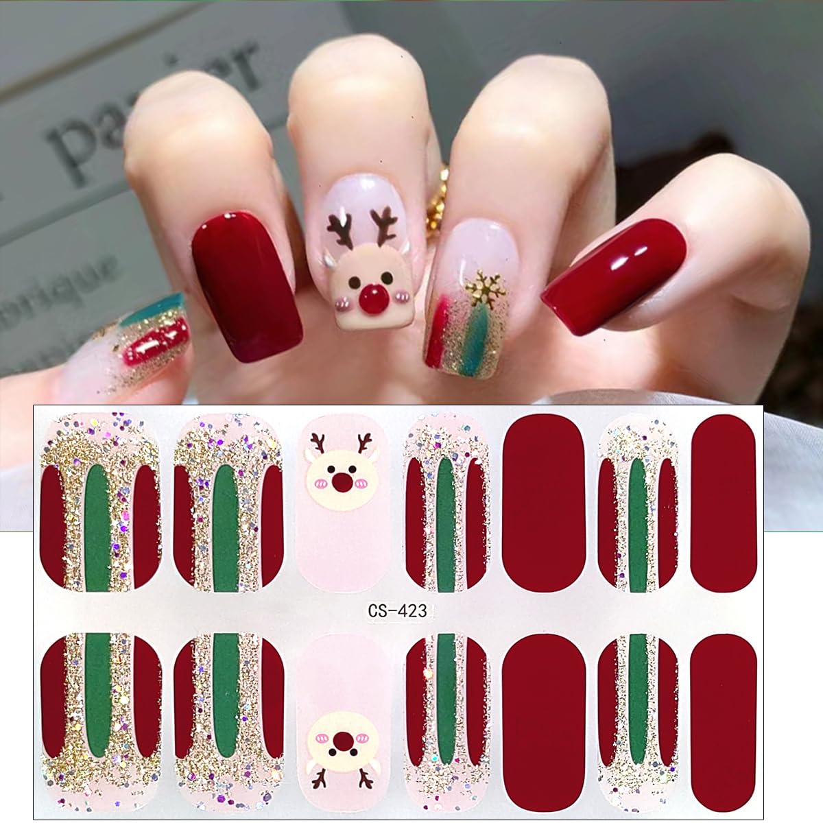 Christmas Gel Nail Strips Stickers Santa Claus Gel Nail Stickers Cute Reindeer Gold Glitter Xmas Trees Design Christmas Full Wrap Winter Gel Nail Decals for Women DIY New Year French Manicure 4Sheets