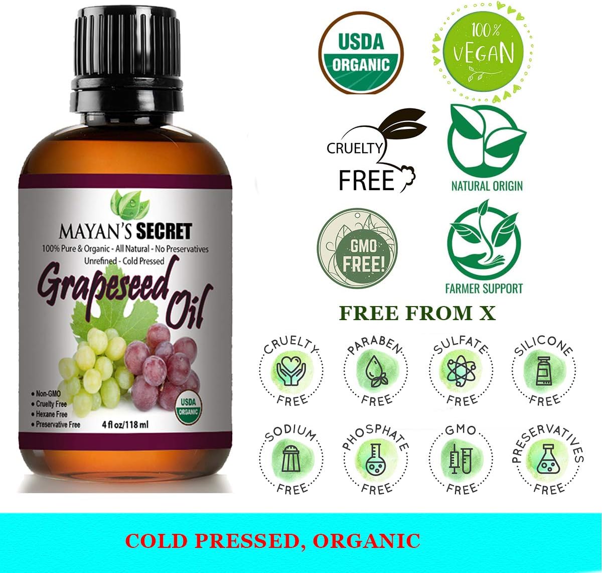 USDA Certified Organic GRAPESEED Oil Anti-Aging MOISTURIZER - Facial Cleanser | Unrefined, Cold Pressed | Essential to Reduce Skin Wrinkles and Stretch Marks | Dandruff Remover