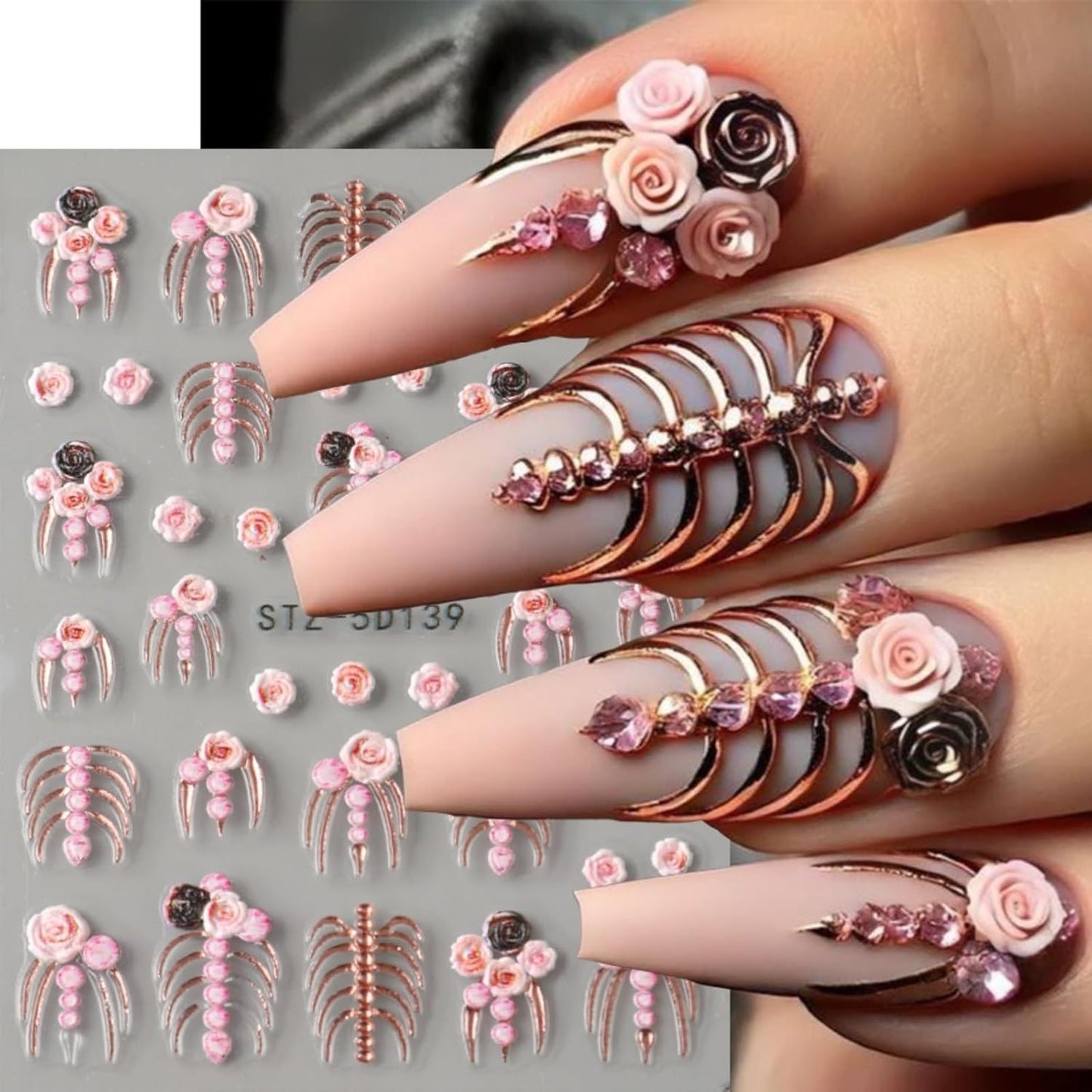 2Pcs Halloween Nail Art Stickers 5D Embossed Halloween Nail Decals Gold Pink Skeleton Bone Rose Blossom Pattern Nail Designs Stickers Skull Nail Supplies for Women Manicure Tip Decorations Accessories