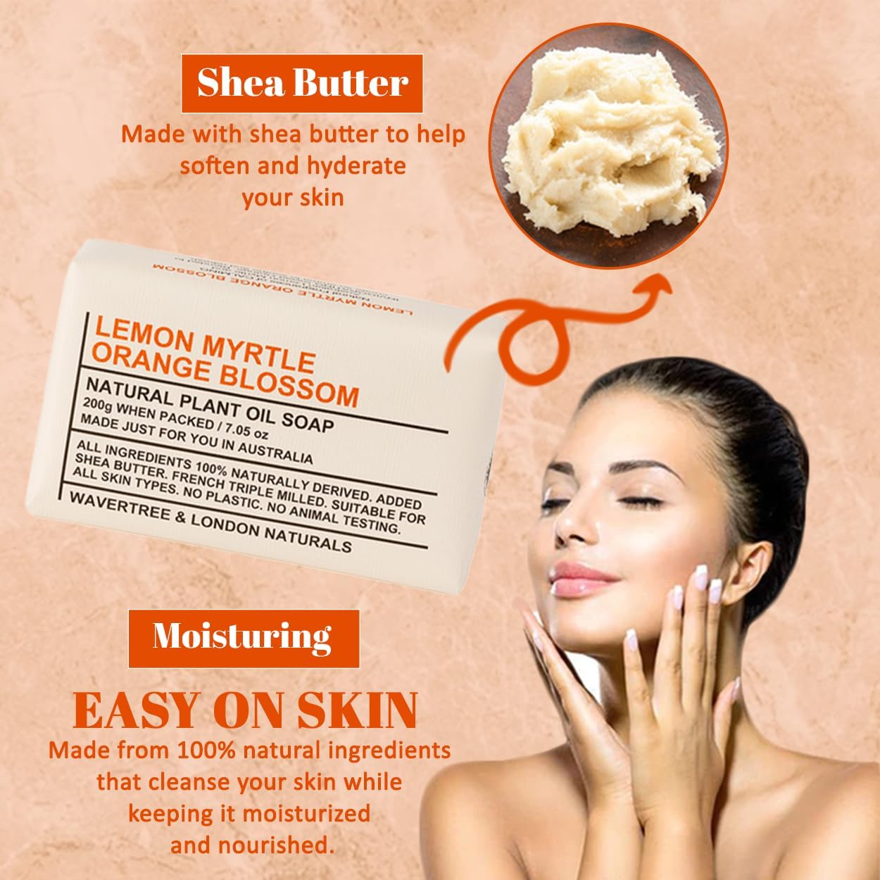 Wavertree & London Lemon Myrtle & Orange Blossom Scented 100% Natural Soap Bar, 7oz Moisturizing French Triple Milled Soap Bar for Women & Men enriched with shea butter - Pure Bath & Body soap bar