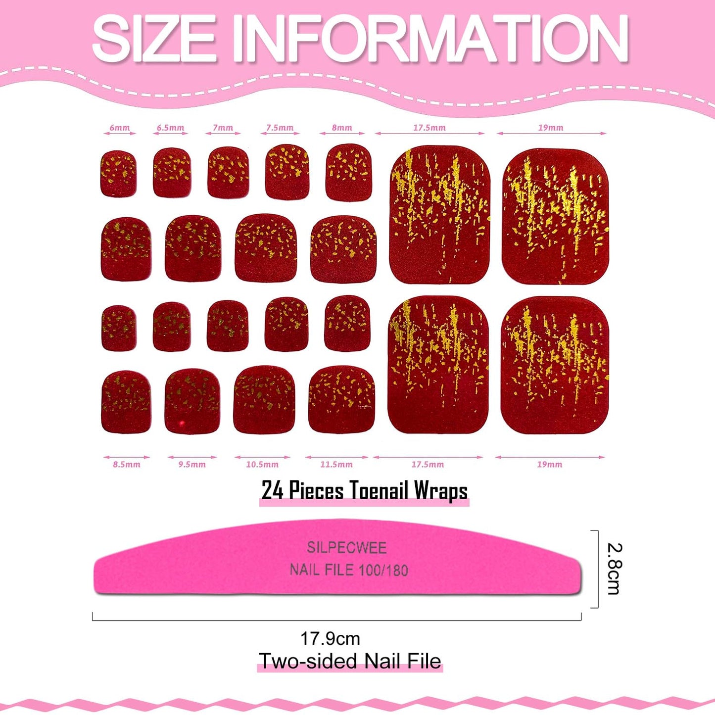 SILPECWEE 20 Sheets Adhesive Toe Nail Polish Stickers Decals Solid Color Full Wraps Nail Strips Manicure Accessories for Women 1Pc Nail File