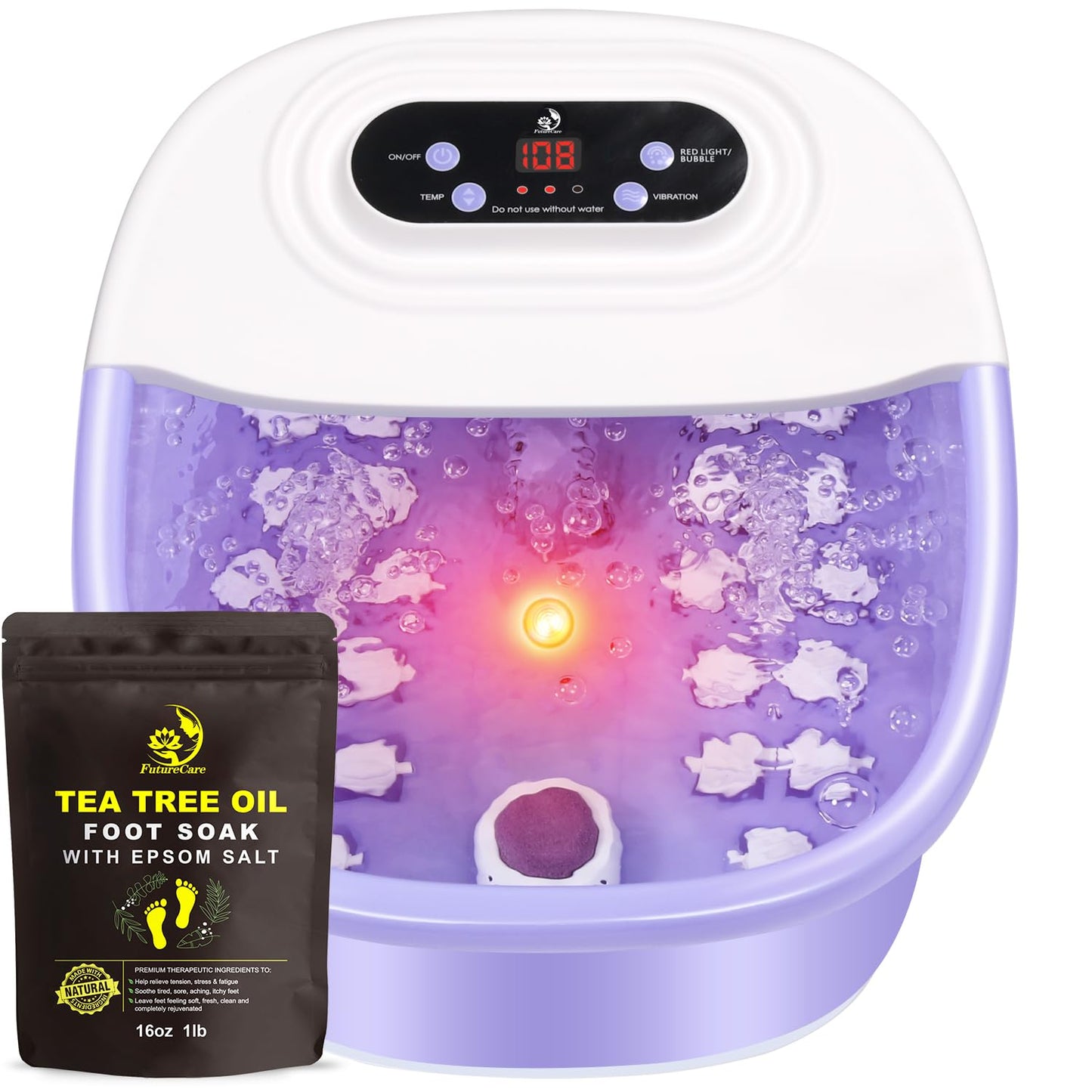 Foot Spa Bath Massager with Heat Bubbles and Vibration Massage and Jets, 16 OZ Tea Tree Oil Foot Soak Epsom Salt, Foot Soaker with Red Light, 22 Massage Rollers, Adjustable Temp -Purple
