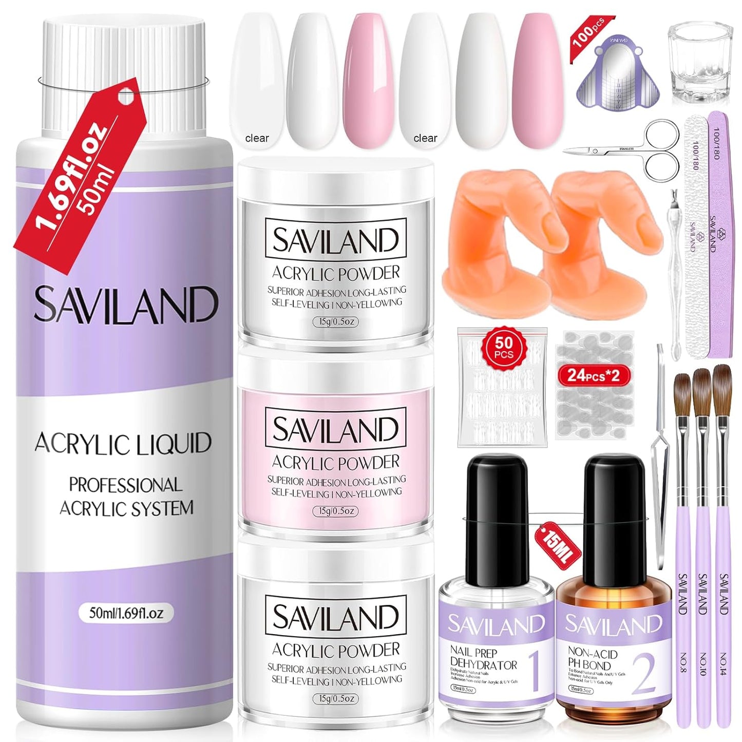 SAVILAND Essentials Acrylic Nail Kit for Beginners: White Pink Clear Acrylic Powder and Liquid Set with Nail Dehydrator Primer Brushes Forms Tips Tools Nails Kit Acrylic Set with Everything Home DIY