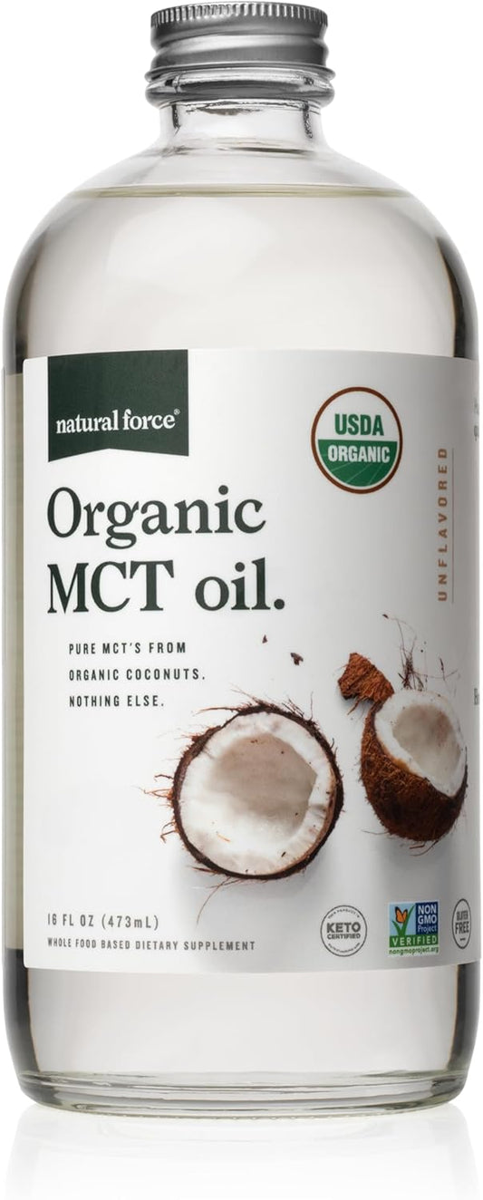 Natural Force Organic MCT Oil – Pure Glass Bottle – Made from 100% Cold Pressed Virgin Coconut Oil + Certified Keto, Paleo, Kosher, Vegan & Non-GMO – Lab Tested for Quality and Purity - 16 Ounce
