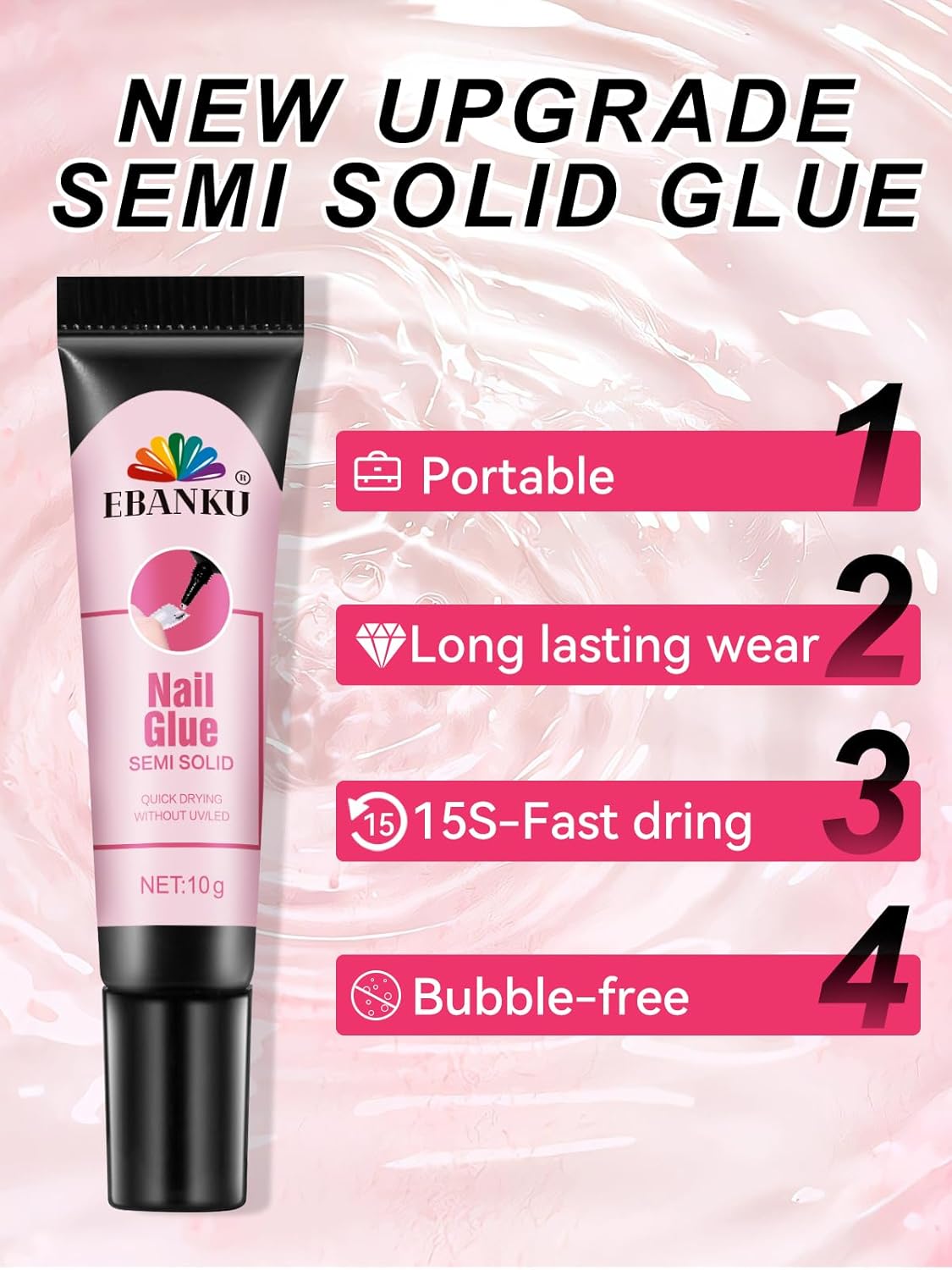 Semi Solid Nail Glue Gel with Nail Glue Remover, EBANKU Quick Drying Solid Super Glue for Press On Nails, No UV Light Needed, 10ml Gel Nail Remover for Fake Acrylic Nails