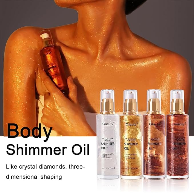 Shimmer Body Oil,Face and Body Liquid Luminizer,Waterproof Moisturizing Light Shimmer Glow Illuminator,Smooth Body Shimmer,Liquid Highlighter Makeup (Golden Brown)