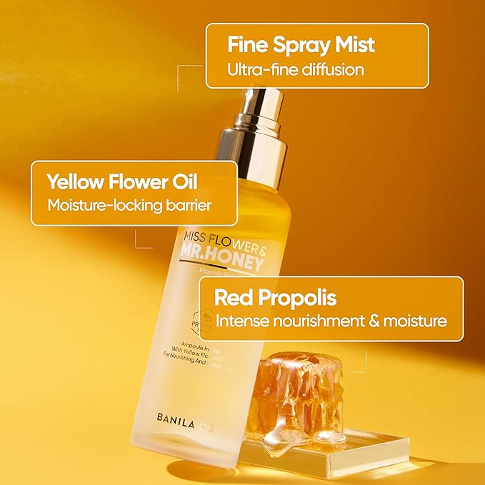 BANILA CO Miss Flower & Mr Honey Propolis Ampoule Mist | Nourishing Skin Double Layer & Moisturizing Makeup Fixer Setting Spray | Hydration Boost, Radiant Glow Serum (99ml / 3.34 fl oz)