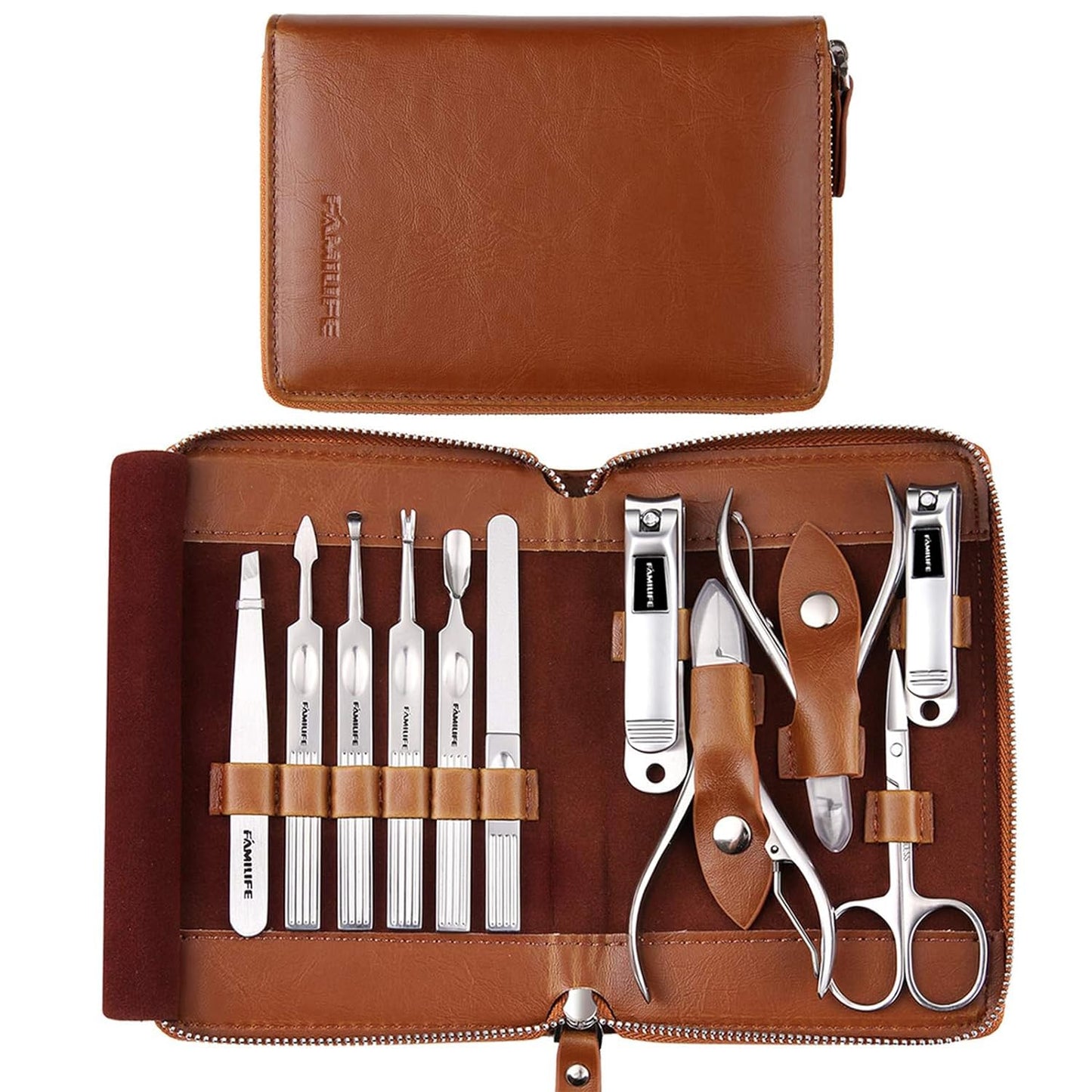 FAMILIFE Manicure Set, Professional Manicure Kit Nail Clippers Set 11 in 1 Stainless Steel Pedicure Tools Nail Kit Men Grooming Tool with Portable Brown Leather Travel Case Luxury Gifts for Him