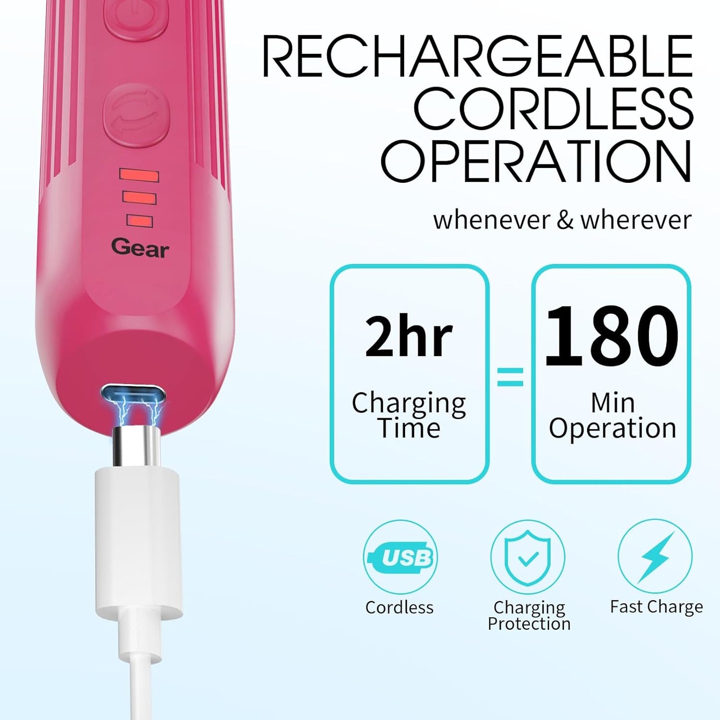 Professional Manicure Pedicure Kit -360° Light, Rechargeable Electric Nail Drill, Cordless Electric Nail File Set, 3 Speeds Hand Foot Care Nail Drill for Thick Nail Toenail Cuticle,Red