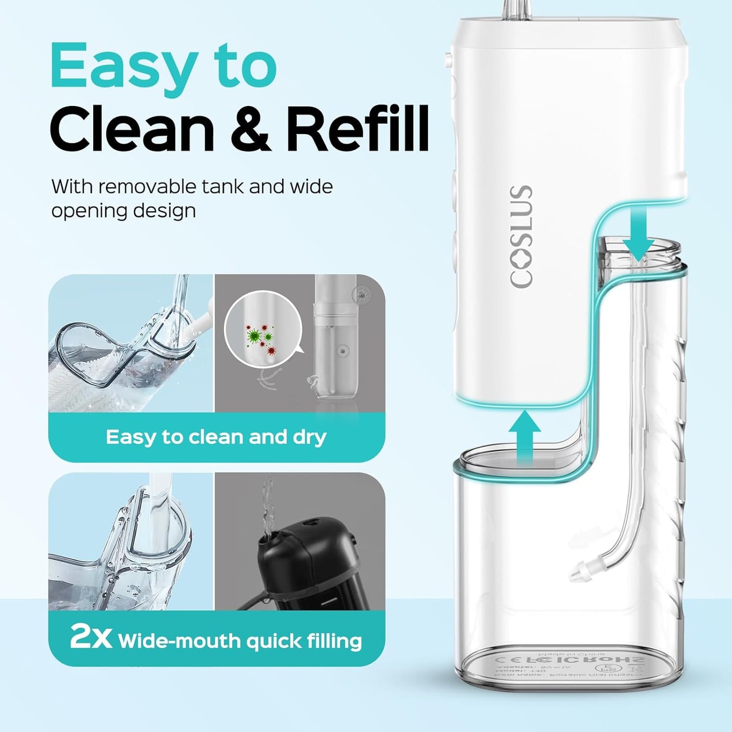 COSLUS Mini Water Flosser for Travel: Portable Compact Design, Cordless Oral Irrigator with 4 Jet Tips Storable, IPX7 Waterproof for Braces, Orthodontic, Sensitive Gums Outing & Home, White, T40