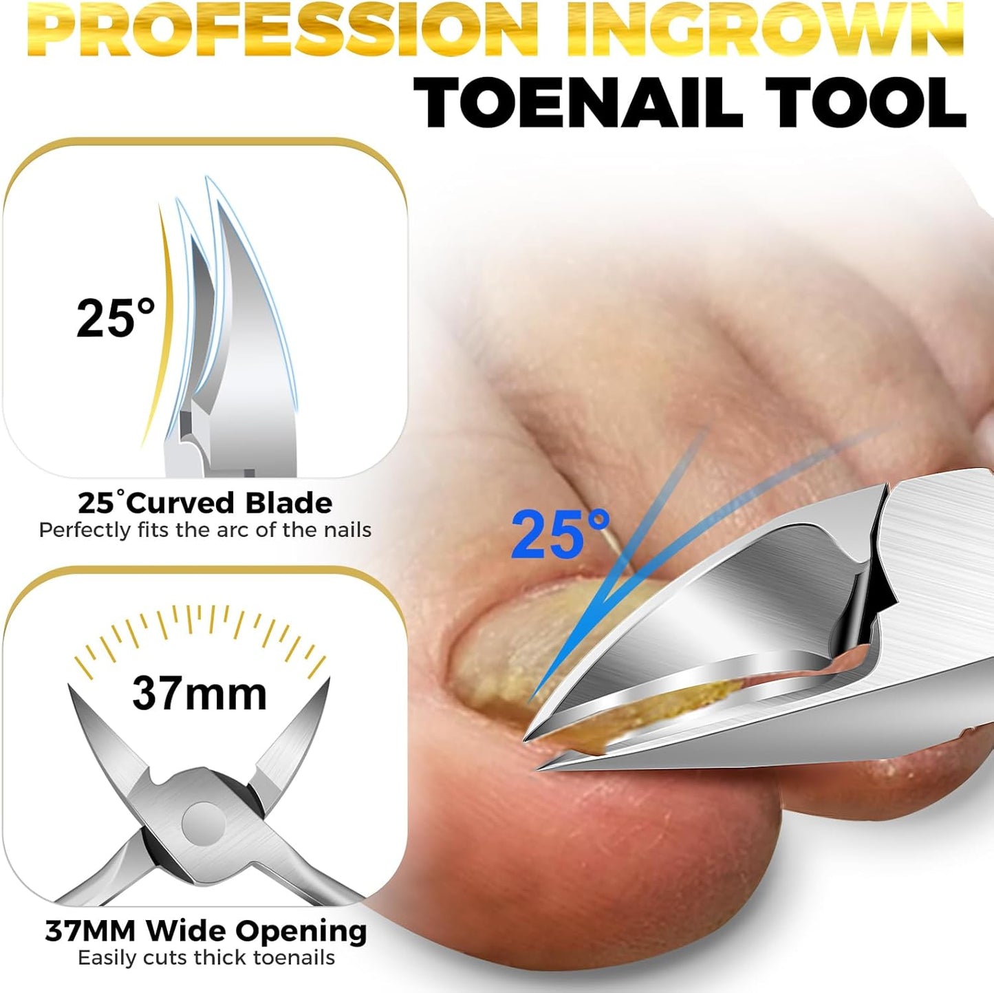 2025 Toenail Clippers for Men Thick Toenails- 15° Angled Head Toe Nail Clippers, 45° Sharp Slanted Curved Nail Clippers, 37mm Wide Opening Heavy Duty Toenail Clippers with Long Handle 5PCS