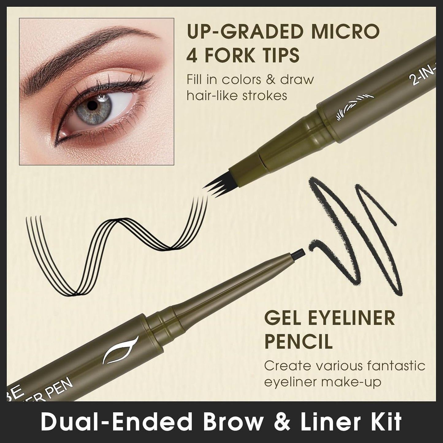 UCANBE Eyebrow Pencils for Women with Spoolie Brush, Dual-Ended Eyebrow Pen with 4-Fork-Tip & Gel Eyeliner, Microblading Brow Pen with Eyeliner Pencil + Brow Brush for Hair Like Brows, Soft Black