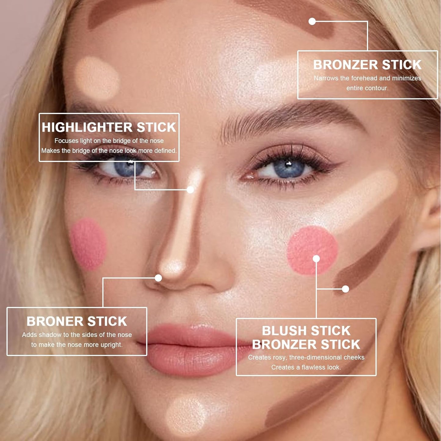 3 Colors Cream Contour Stick, Shades with Highlighter Stick,Blush Stick and Bronzer Contour Stick for Sculpt the Cheeks,Long Lasting,Waterproof,Matte & Dewy Finish for Women (LIGHT FAIR(8+10+12))