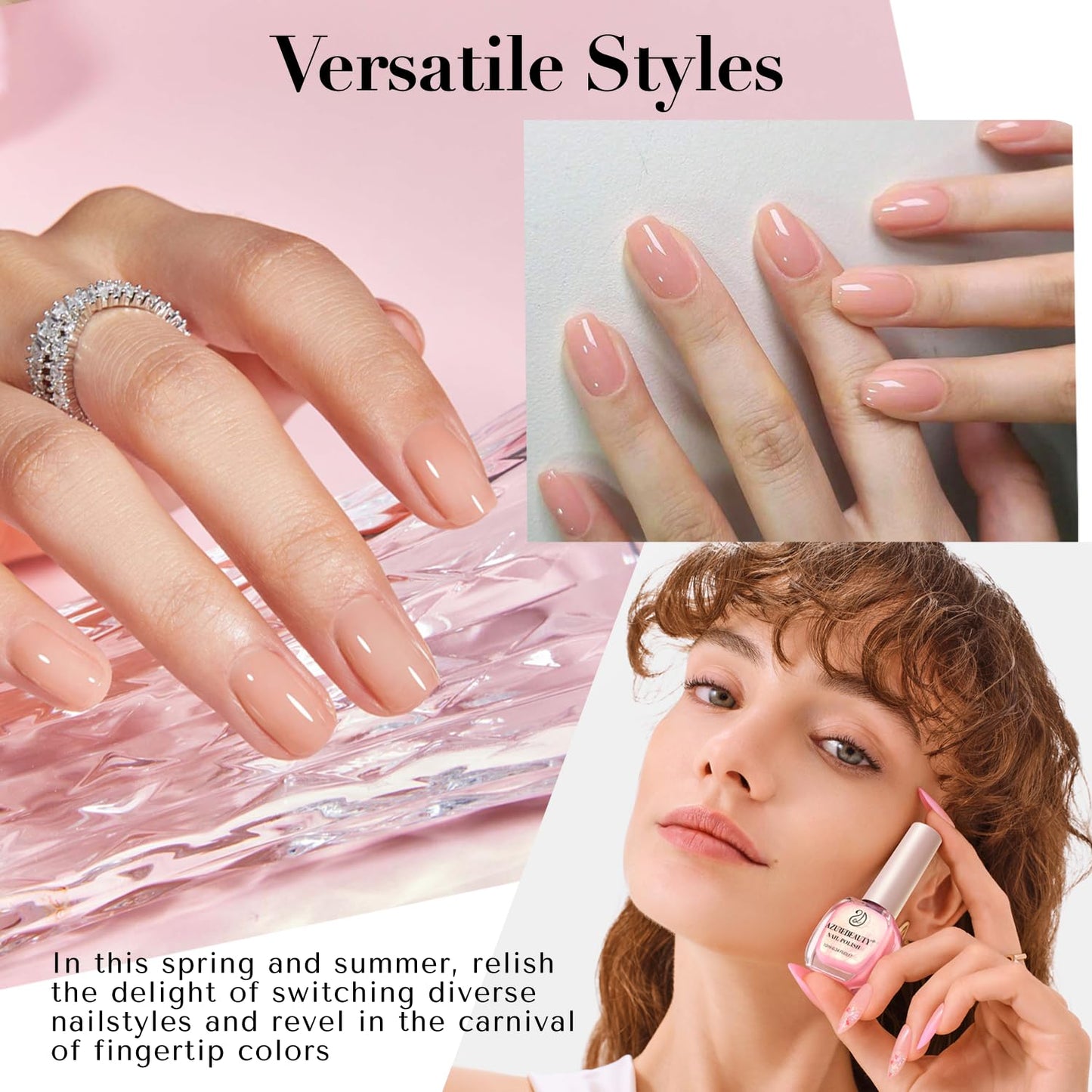 AZUREBEAUTY Nail Polish Set, 4 Colors Nude Pink Jelly Transparent Clear Milk White Quick Dry Natural Nail Lacquer Strengthening Treatment Kit with Top Coat DIY Salon at Home