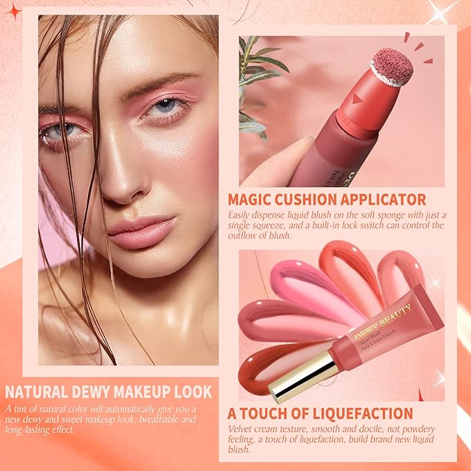 Liquid Blush Makeup Wand, Cream Liquid Blush with Cushion Applicator For Cheeks Tint, Natural-looking, Glow Dewy Finish, Weightless Blendable Liquid Blush Stick | #102 ENERGETIC-Coral Orange