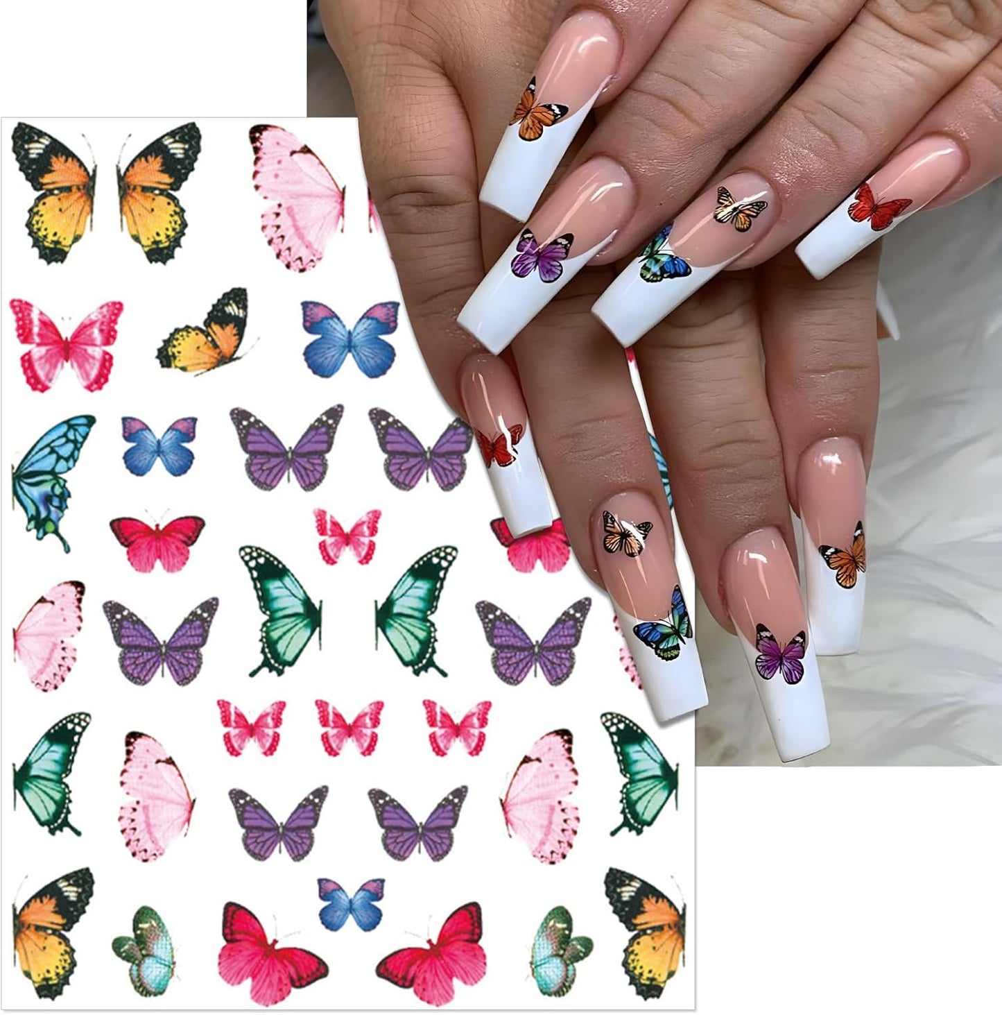 8 Sheets Butterflies Nail Art Stickers - Colorful Butterflies Wing Self-Adhesive Nail Decals for DIY Spring Summer Manicure