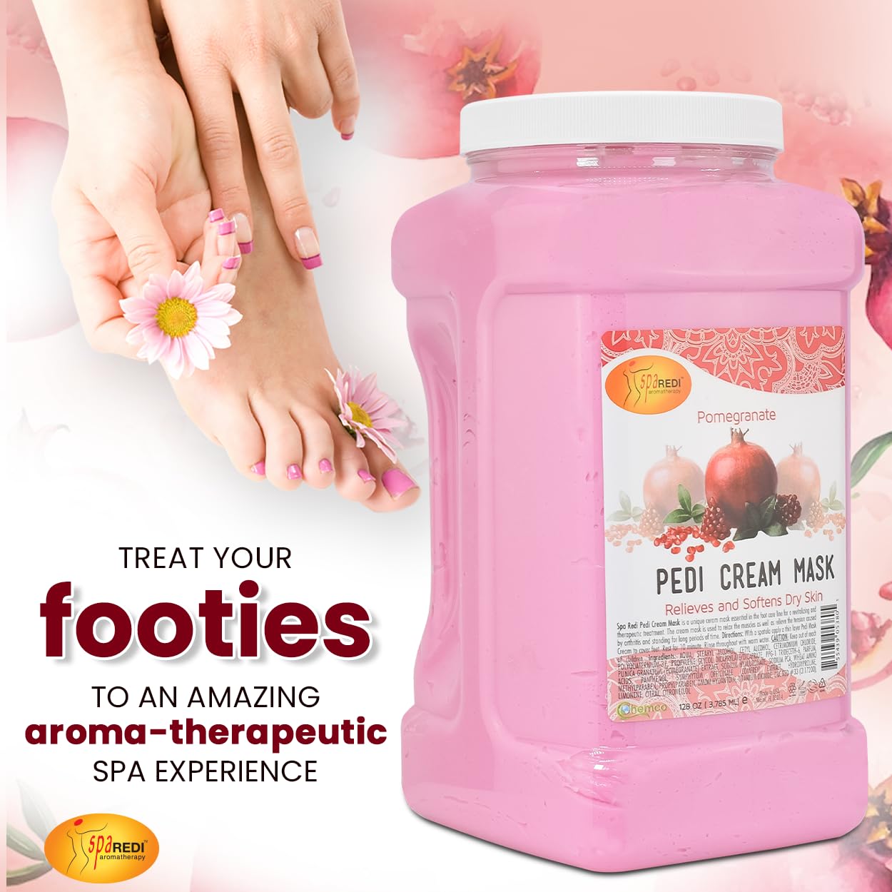 SPA REDI - Body and Foot Cream Mask, Pomegranate, 128 Oz - Pedicure Massage for Tired Feet and Body, Hydrating, Fresh Skin - Infused with Hyaluronic Acid, Amino Acids, Panthenol, Comfrey Extract