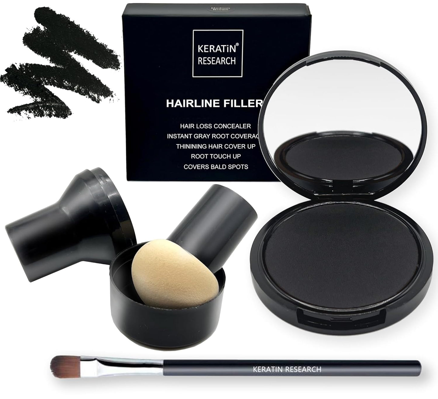 KERATIN RESEARCH Hairline Filler Unisex Mineral Powder Root Touch-Up Hair loss Concealer Scalp & Beard Bald Patch Coverage Fibers for Thinning Hair Waterproof Organic Natural look (BLACK, XL)