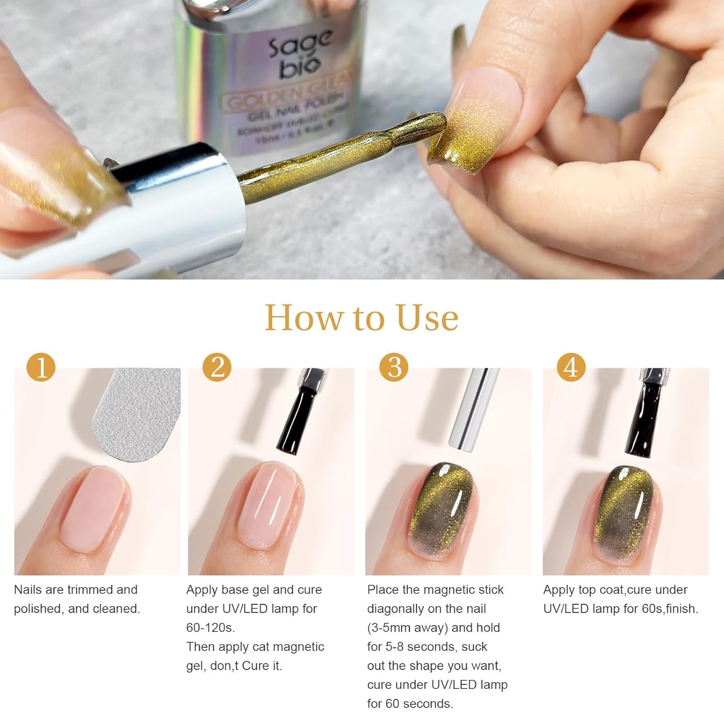 Cat Eye Gel Nail Polish with Magnet Stick, 15ml Glitter Holographic Nail Polish, Magnetic Effect Gel for Home DIY Manicure Gift, Champagne Gold