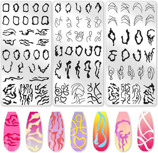 3Pcs Irregular Geometric Frames Nail Stamping Plate Minimalist Line Nail Stamping Templates French Tip Nail Art Stamp Image Plate Stainless Steel DIY Reusable Tools for Manicure Printing