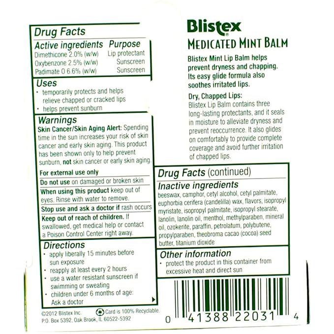 Blistex Medicated Mint Balm SPF 15 0.15 oz (Pack of 12)