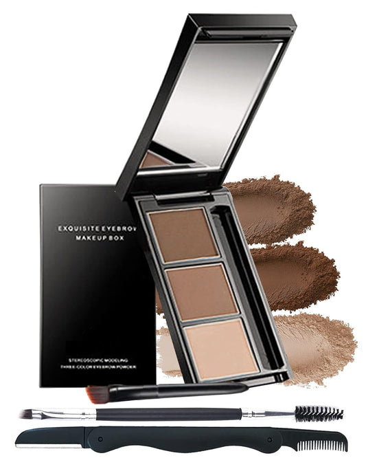 Eyebrow Powder Makeup Kit-3 Colors Eye Brow Powder Palette Long-Lasting Waterproof, Dark/light Brown Brow Filler, Fill & Sculpt Full Eyebrows for Women, With Mirror, Brow Brush & Razor-Set 02