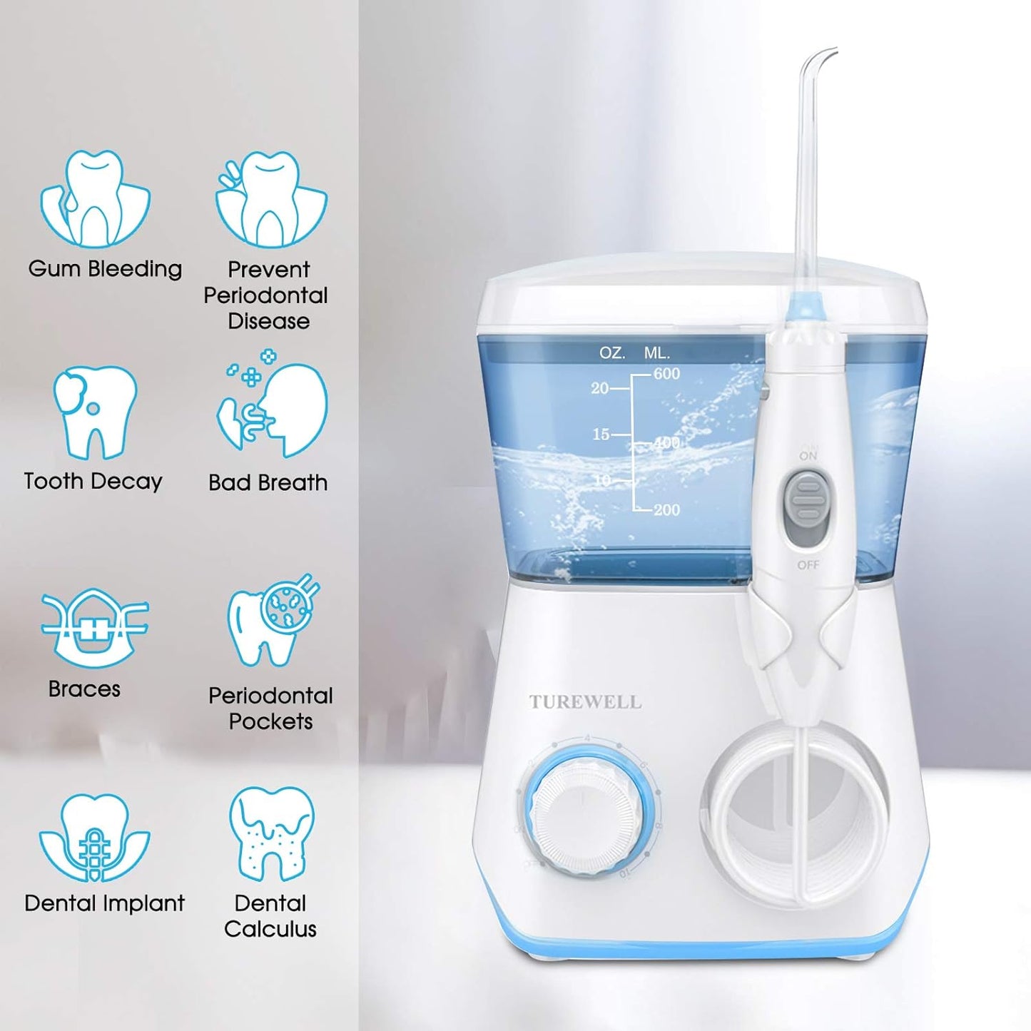 TUREWELL Water Flossing Oral Irrigator, 600ML Dental Cleaner 10 Adjustable Pressure, Electric Oral Flosser for Teeth/Braces, 8 Replacement Jet Tips for Family (White)
